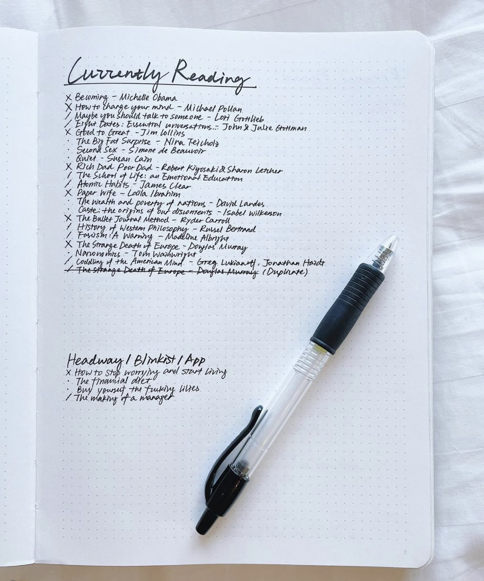 Notebook page with a currently reading collection
