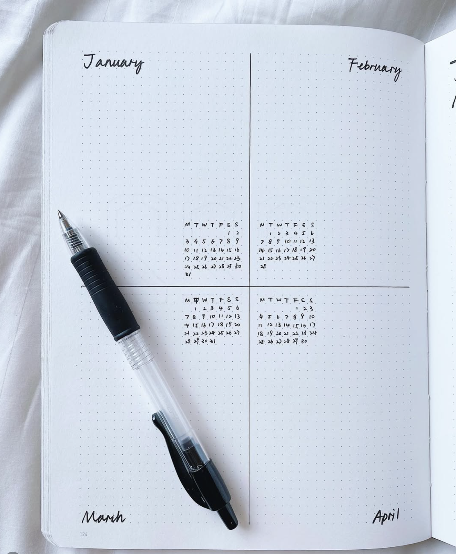 Notebook page with a simple four-month future log