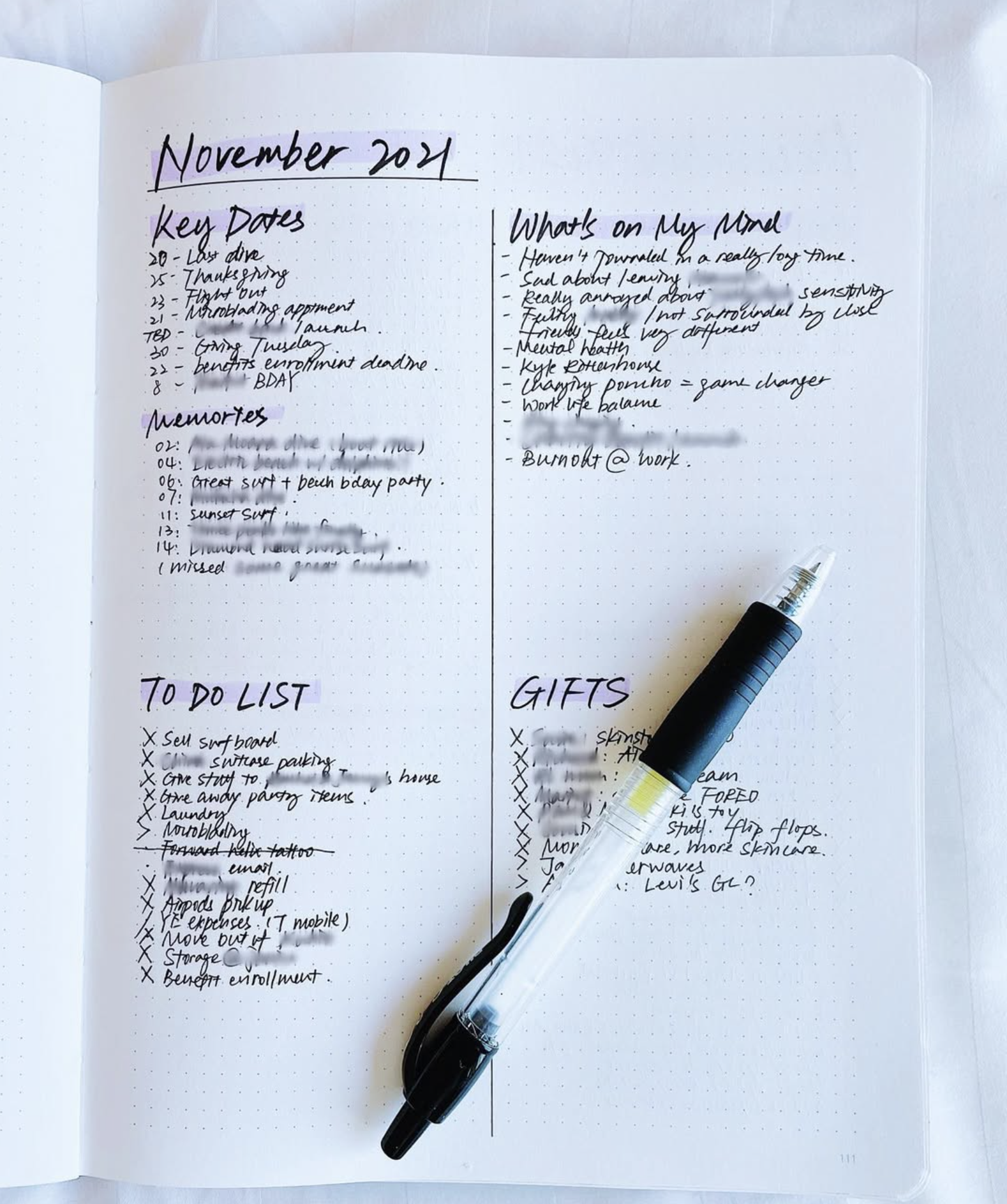 Notebook page with a monthly spread and lists