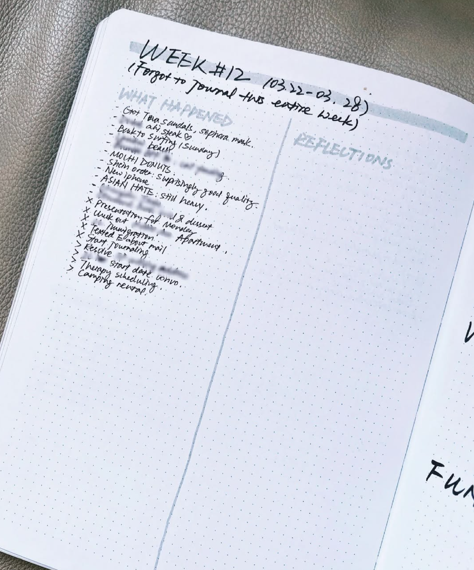 Notebook page with a weekly reflection spread