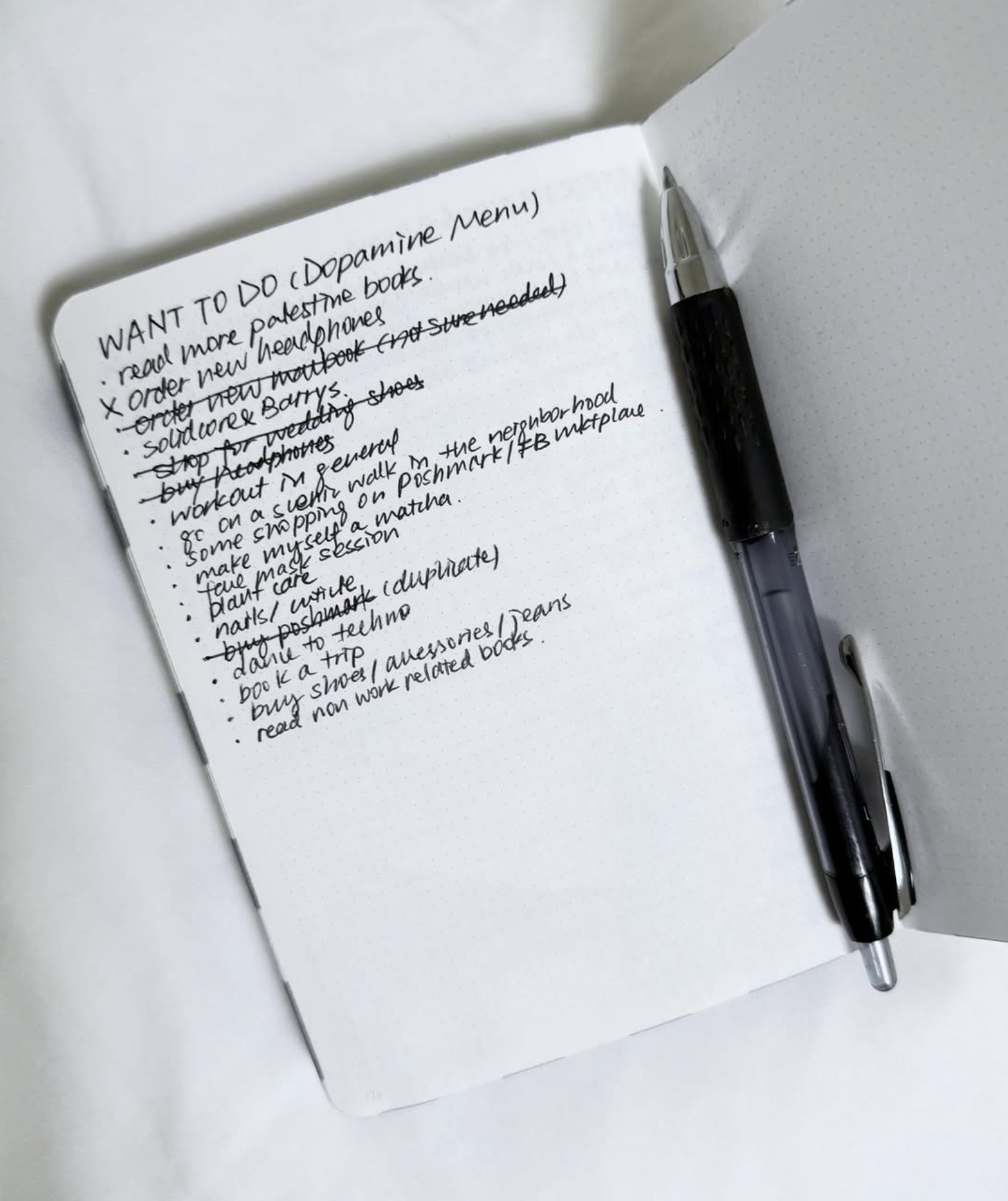 Notebook page with a handwritten dopamine menu