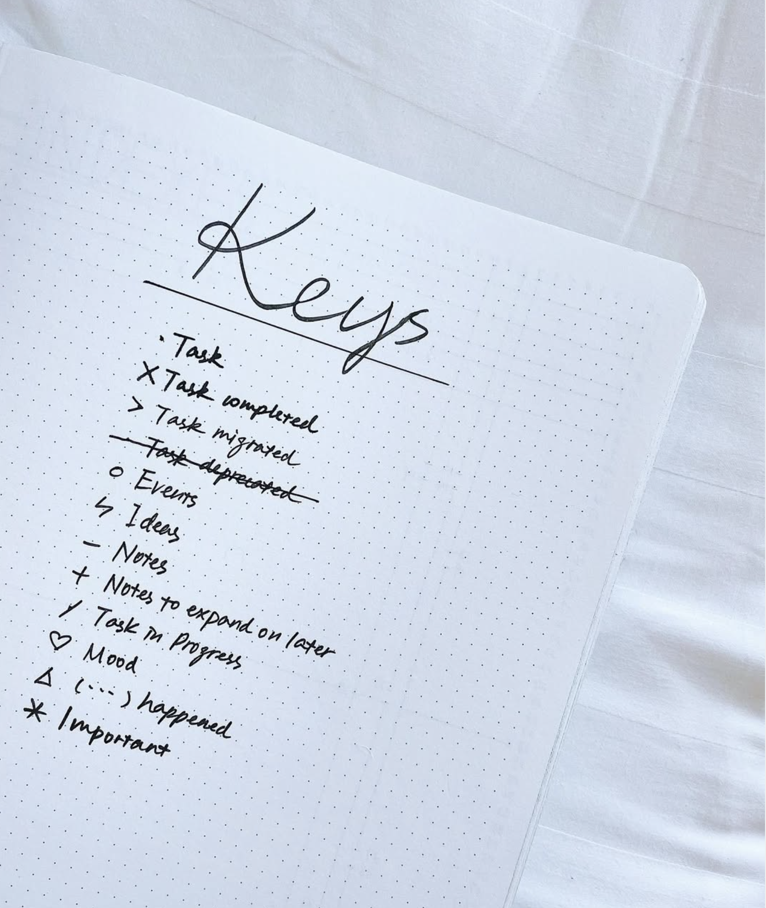 Notebook page with a handwritten key of journal marks
