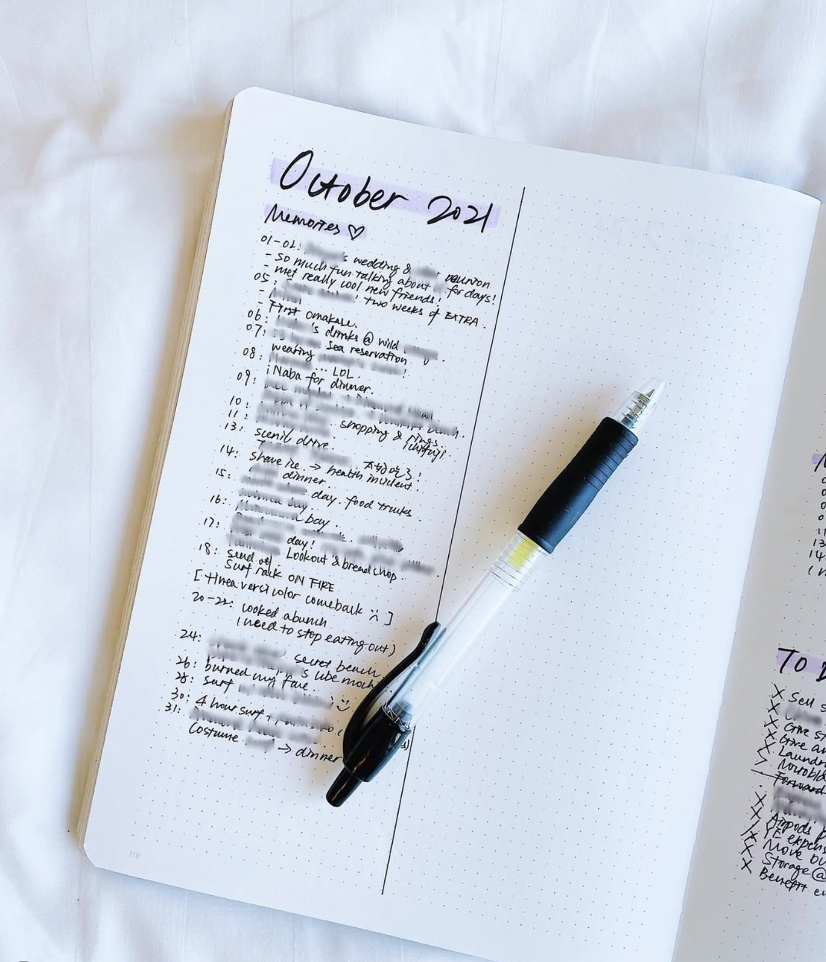 Notebook page with a handwritten monthly log