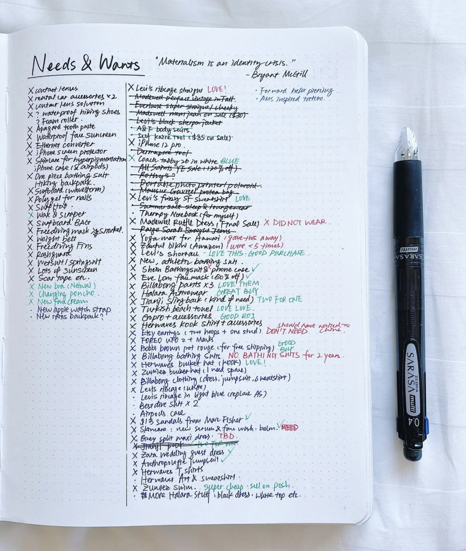 Notebook page with a handwritten needs and wants list